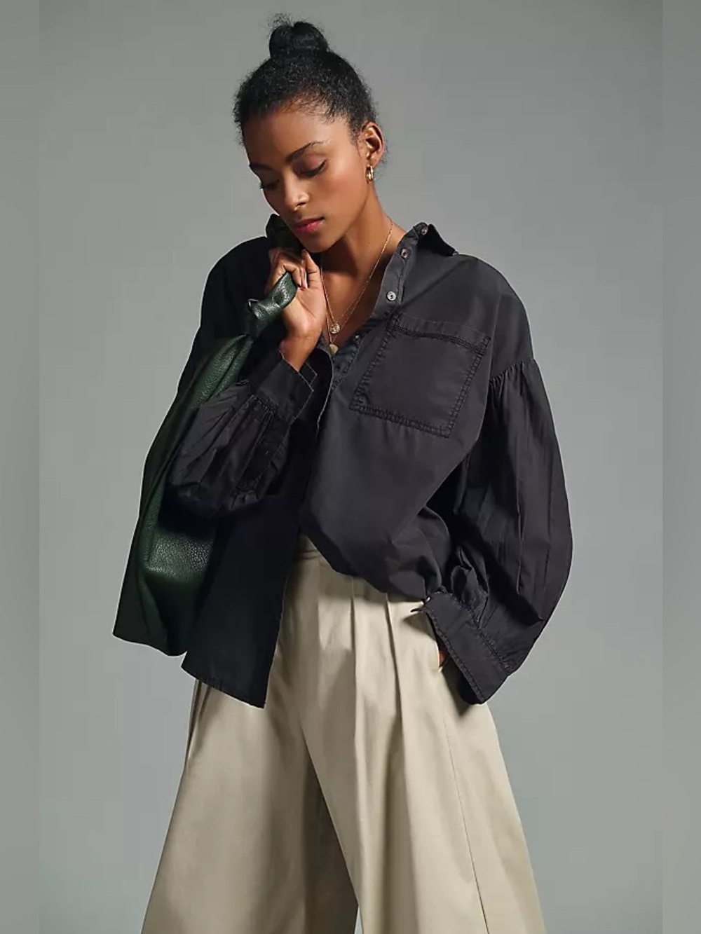 Anthropologie Pilcro Oversized Poplin Shirt Large Black Cotton Poplin Minimalist